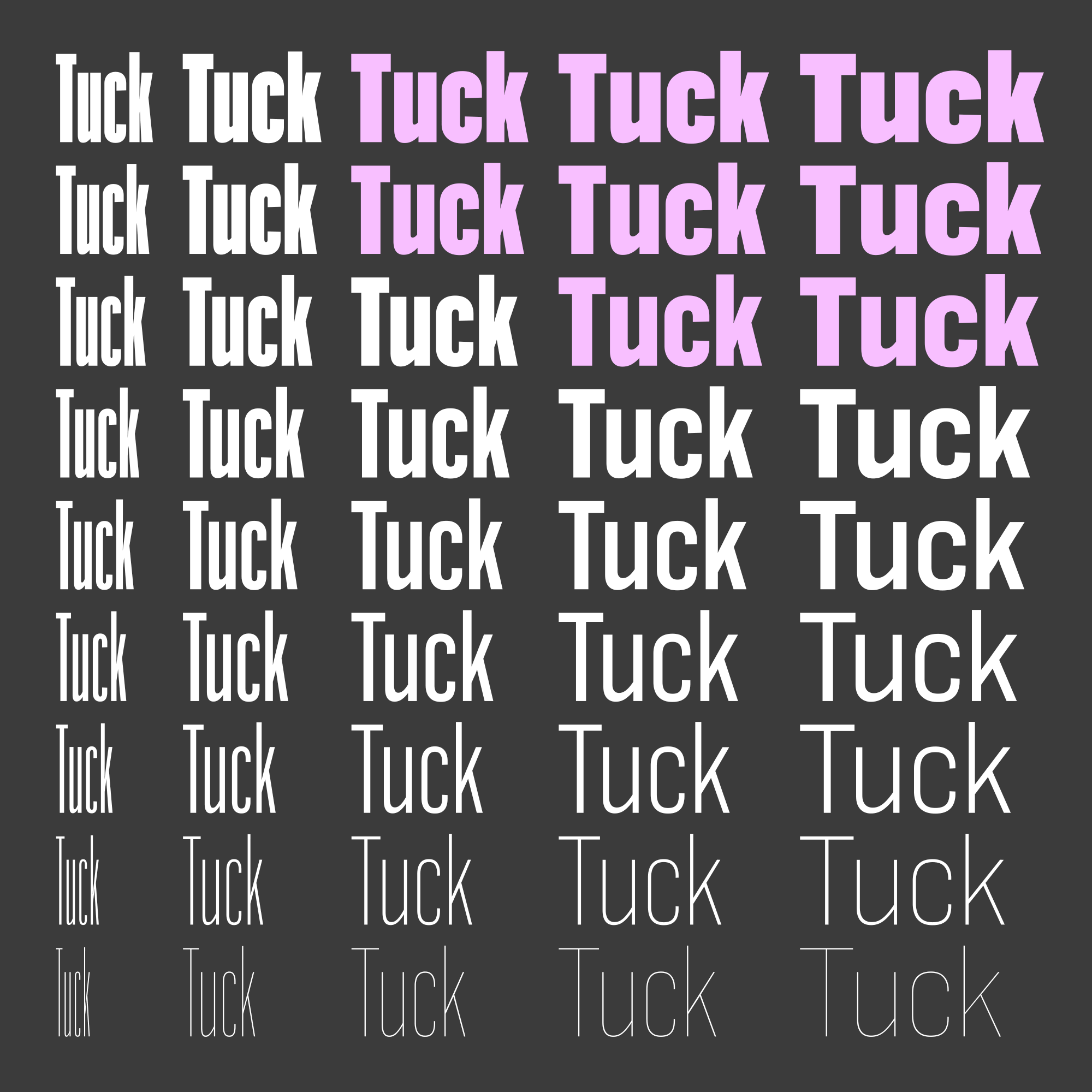 Kerning of the word 'Tuck' across the Bild family.